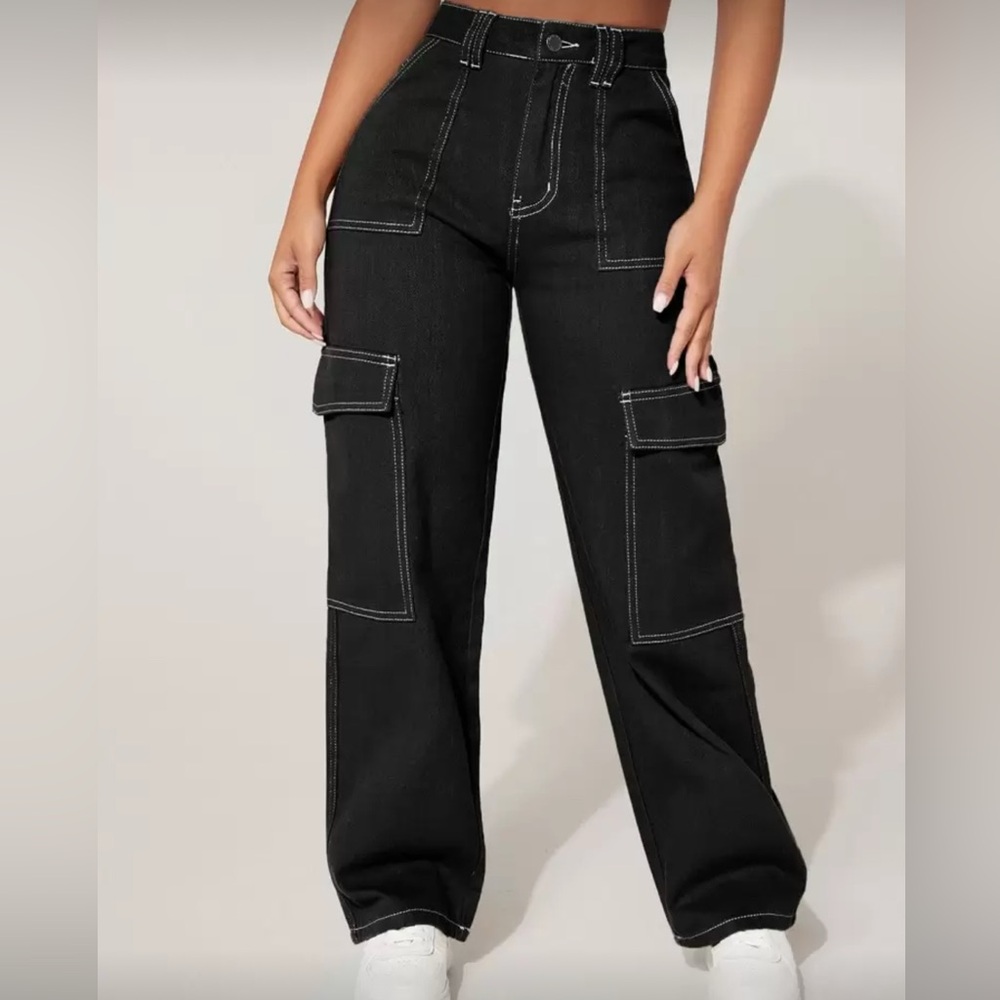 Black Cargo Pants with White Stitching